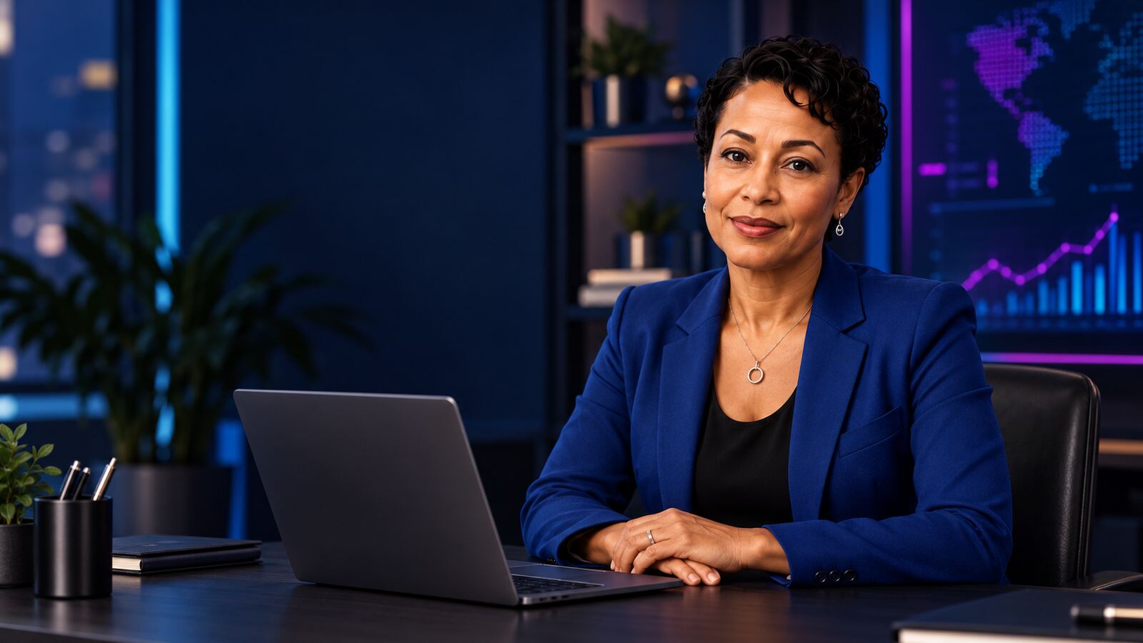 Dr. Mitzie Mathis in a royal blue blazer at her laptop