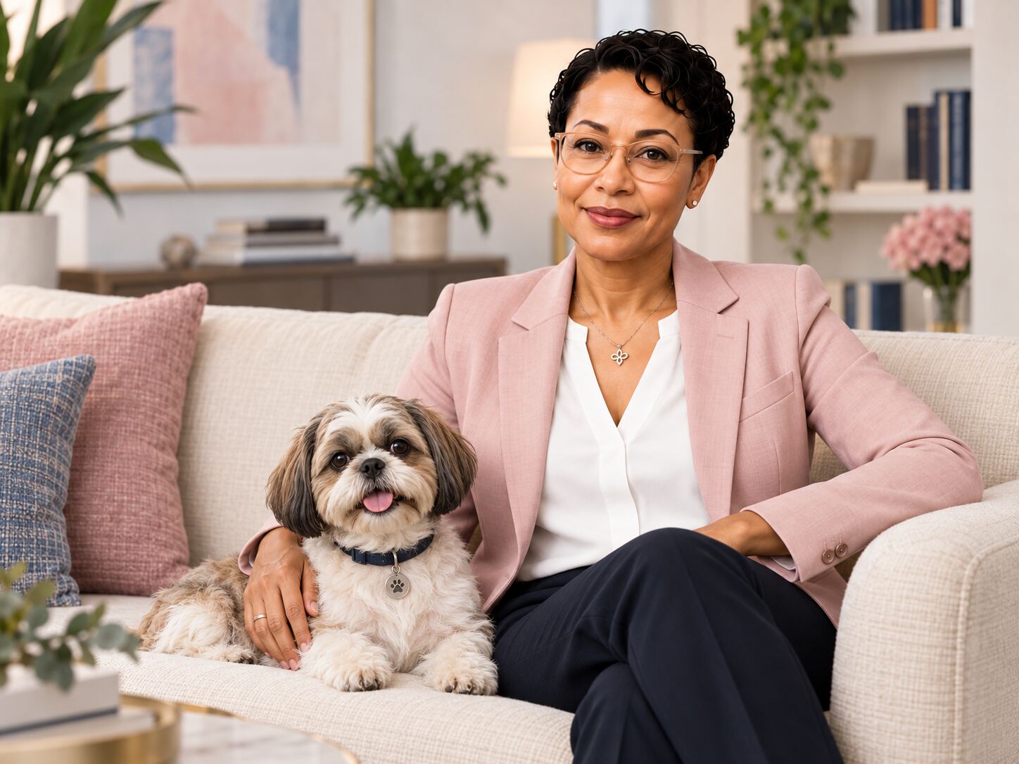 Dr. Mitzie Mathis in a soft pink blazer seated with Rocket