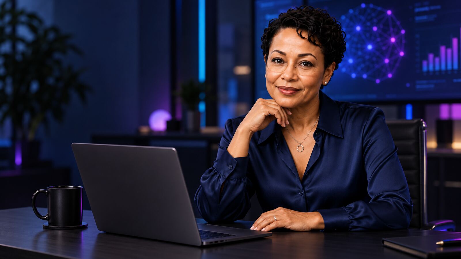 Dr. Mitzie Mathis in a navy blouse at her laptop